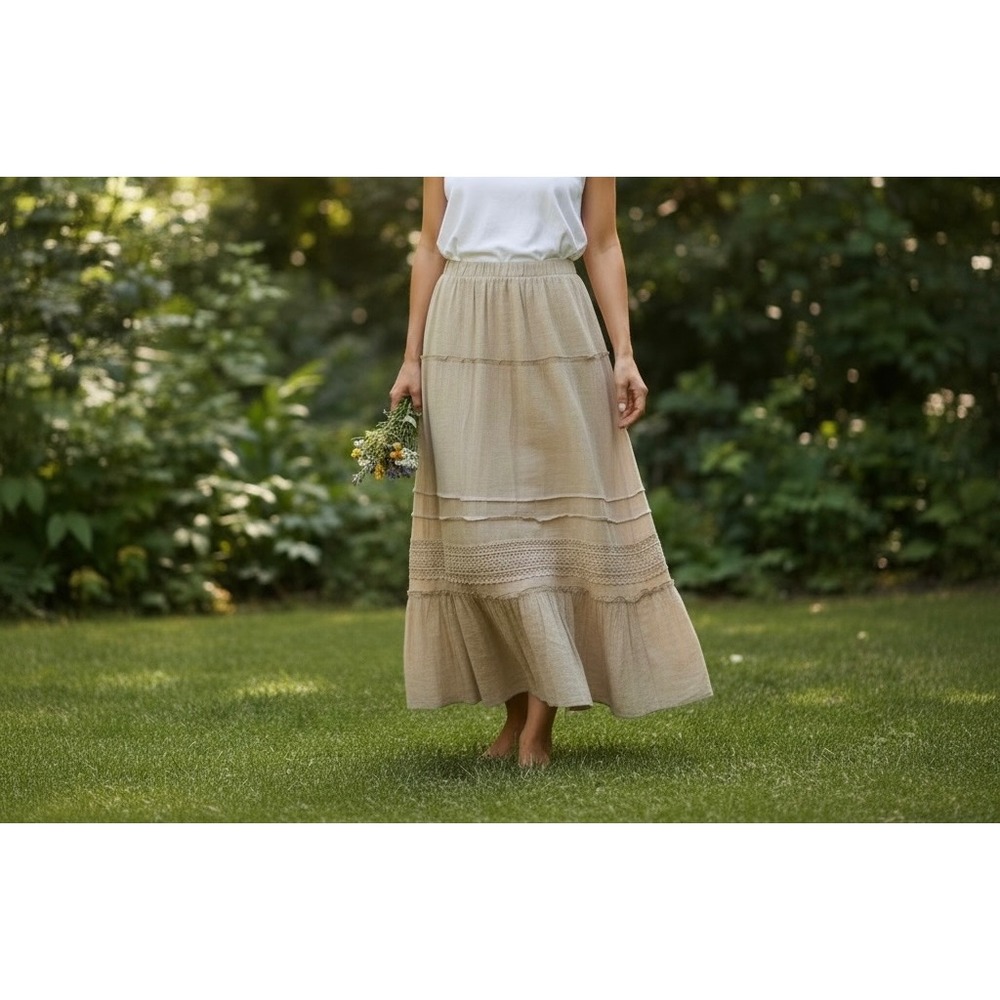 Kings Road Beige Lace Trim Maxi Skirt Small Boho Tiered Elastic Waist